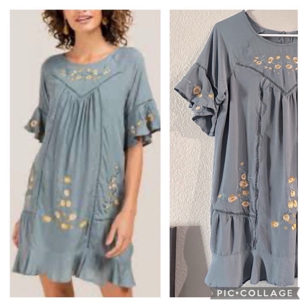 Blue Rain Dusty Blue & Yellow Embroidered Ruffle Mini Dress Size Medium